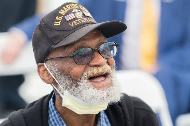 Albert Hill, a U.S. Marine Corp veteran, listens to U.S. Rep. Richard E. Neal